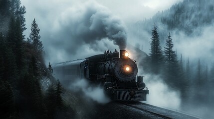 Fototapeta premium Majestic steam train in a misty mountain landscape.