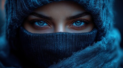 Mysterious Woman in Knitted Hood, Intense Gaze