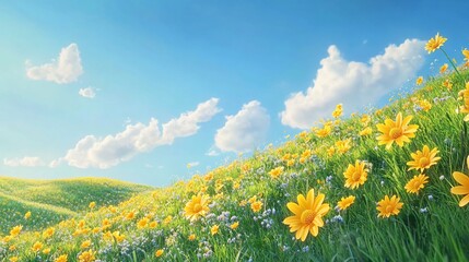Fototapeta premium Sunny meadow landscape with vibrant yellow flowers and fluffy clouds.