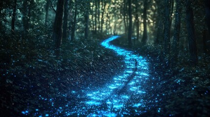 Obraz premium Enchanted Forest Path: A Glimmering Trail of Bioluminescence