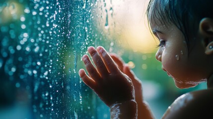 Fototapeta premium Toddler's curious face presses against rain-covered glass.