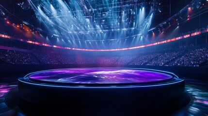 futuristic round stage, set in a modern stadium, sleek metallic surfaces, bright neon lighting, advanced holographic displays, large audience in the background, high-tech sound systems, immersive atmo