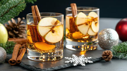 winter themed gin tonic with sliced apples and cinnamon sticks, perfect for festive gatherings
