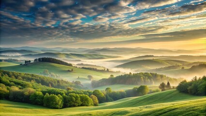 Serene Sunrise Over Rolling Green Hills and Misty Valleys, a Picturesque Landscape of Nature's Tranquility