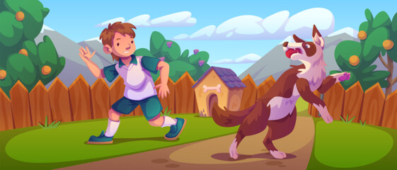 Backyard garden playtime scene with young boy and excited dog - fenced yard with wood kennel, citrus trees, mountain backdrop and path through lawn. Child owner play with pet on yard of suburban house