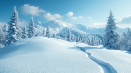 Serene Winter Wonderland Snow-Covered Mountain Landscape with Pine Trees