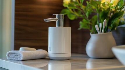 Bathroom countertop showcasing a stylish rechargeable soap dispenser and a ceramic toothbrush holder.
