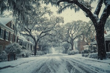 Photorealistic Winter Wonderland: Snow-Covered Street with Majestic Trees and Charming Houses in a Serene Setting at 16k Resolution