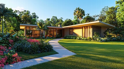 Fototapeta premium Modern house with lush landscaping. AI.