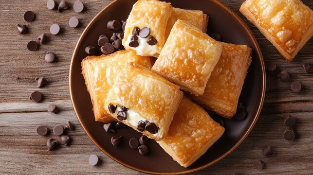 Close-up of Pain Suisse au Chocolat, buttery croissants filled with custard and chocolate chips, served on a plate on a wooden table. Horizontal top view.