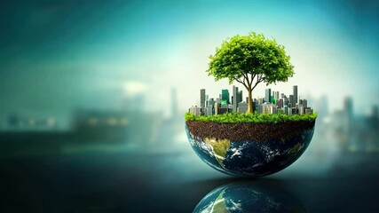 A vibrant green city with modern buildings grows on an earth globe, representing eco friendly growth, sustainable Responsible Investing, SRI investing, ESG