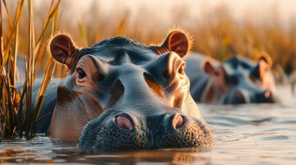 Fototapeta premium Close-Up of a Hippo in Marshland With Reeds