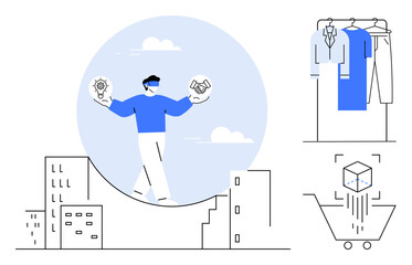 Person walking tightrope balancing lightbulb and gear, surrounded by cityscape, clothing on hangers, scanning box into shopping cart. Ideal for business, technology, innovation, e-commerce, balance