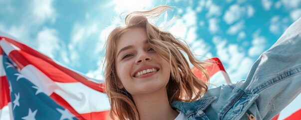 A beautiful American girl smiling and holding national flag outdoor on 4th of July USA Independence day under blue sky