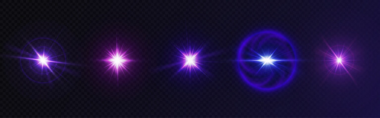 Magical glint and glare collection with purple effects - bright star bursts, shimmering sparkles, radiant lens flares, neon circular halos, luminous beams. Realistic fantasy or space design.