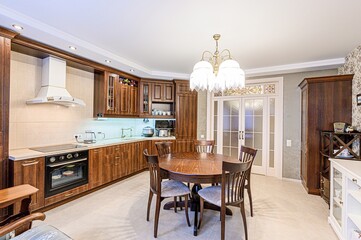 interior apartment kitchen and dining room, refectory area, cooking equipment, table furniture,...