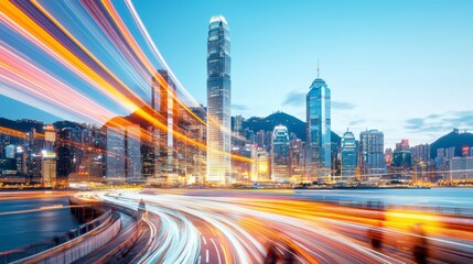 Fototapeta premium Dynamic Cityscape at Night with Light Trails and Vibrant Skyline in Hong Kong