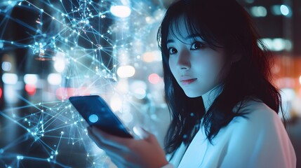 Woman using smartphone connected to digital network