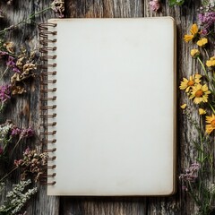 Blank Spiral Notebook with Dried Flowers on Rustic Wooden Background