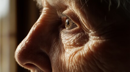 Close-up profile of elderly woman's face, showing wrinkles and eyes gazing thoughtfully.