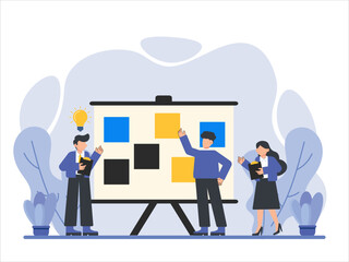 Business Teamwork Illustration Concept, Generating Creative Ideas, Giant Brainstorming Board with Sticky Notes, Flat Vector Illustration