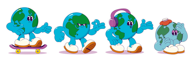 Planet Earth character set showing various emotions and activities - skating on board, confident walking, listening to music with headphones, feeling sick with cold on head. Expressive global mascot.