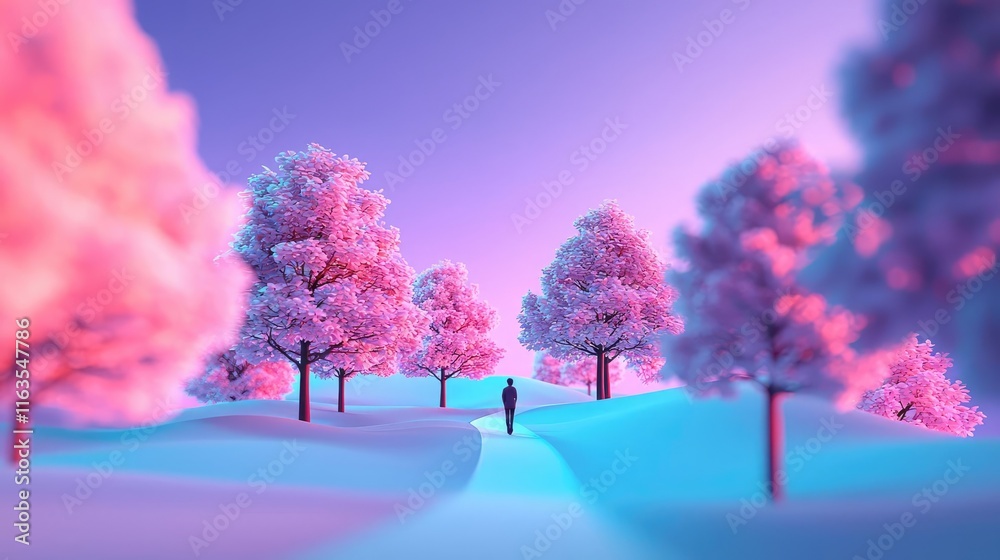 Poster a serene winter landscape with pink trees and a person walking on a snowy path.