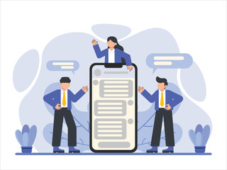 Business Teamwork Illustration Concept, Collaborating in Real-Time, Giant Mobile Phone with Team Chat Open, Flat Vector Illustration