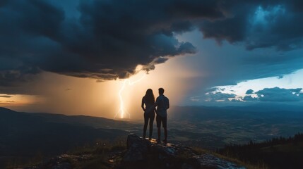 Couple silhouetted against a dramatic lightning storm, overlooking a vast landscape.