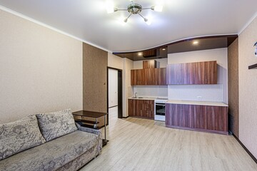 interior apartment kitchen and dining room, refectory area, cooking equipment, table furniture, stove