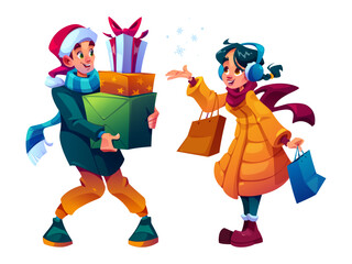 Cartoon winter characters - cheerful boy carrying wrapped Christmas gift boxes, joyful girl holding shopping bags and enjoying falling snow. People in warm clothes walking outside for holiday design.
