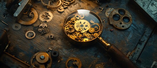 Magnifying glass over intricate gears and clockwork components on a rustic wooden surface.