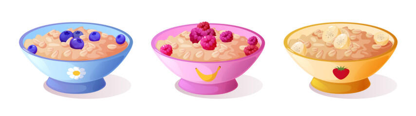 Healthy breakfast bowls set with oatmeal and different toppings - blueberries in blue ceramic dish, raspberries in pink container, sliced bananas in yellow vessel. Nutritious morning meal with fruits.