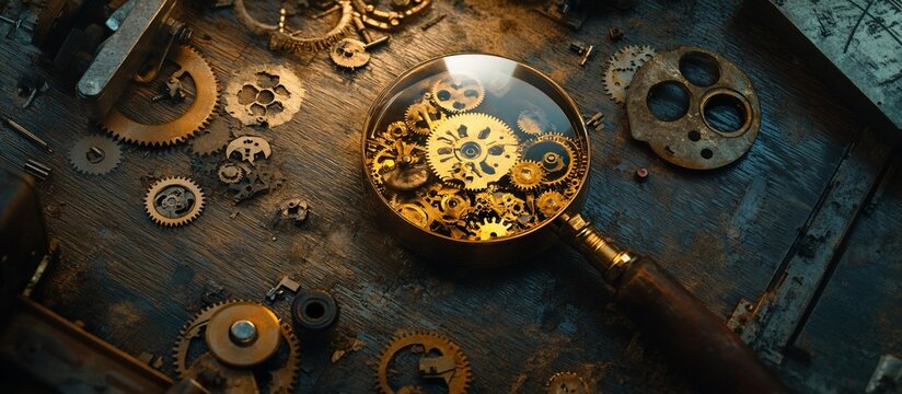 Magnifying glass over intricate gears and clockwork components on a rustic wooden surface.