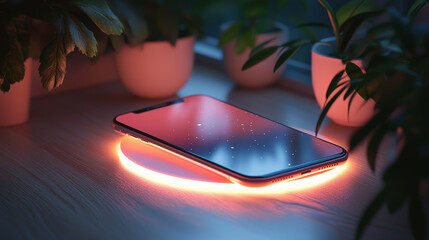 A charging smartphone resting on a wireless charging pad, surrounded by minimalist decor, soft lighting, clean and professional, photorealistic