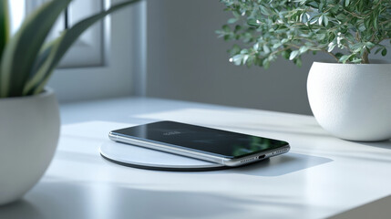 A charging smartphone resting on a wireless charging pad, surrounded by minimalist decor, soft lighting, clean and professional, photorealistic