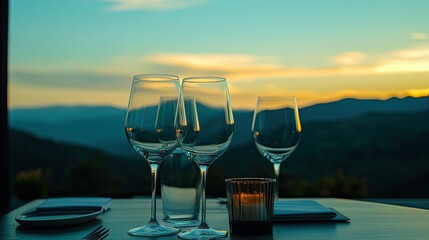 Close-up of wine glasses on a table with scenic mountain views, evoking relaxation and special moments.