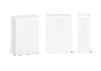 Realistic white closed paperboard box mockup. Front, half side views. Vector illustration isolated on white background. Taking your 2D designs into 3D. Can be use for medicine, food, cosmetic. EPS10.