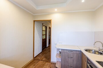 interior apartment kitchen and dining room, refectory area, cooking equipment, table furniture, stove