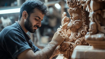 Obraz premium Craftsman meticulously carving intricate details on a large wooden piece in his workshop.