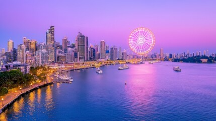 Fototapeta premium Vibrant City Skyline at Dusk with Ferris Wheel over Calm Water and Colorful Sky