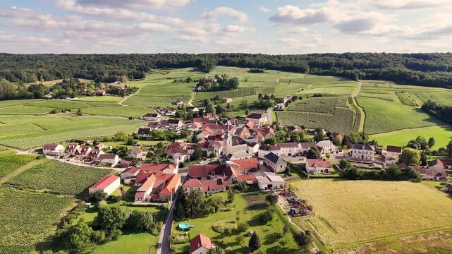 Aerial landscape view over a traditional french village and vineyard rows in the Champagne region, France, on a sunny day