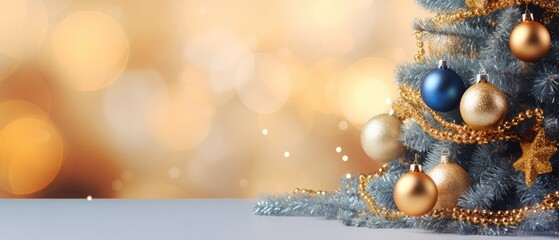 Fototapeta premium bauble balls decoration place on white table bokeh gold light copy space for present product and christmas tree