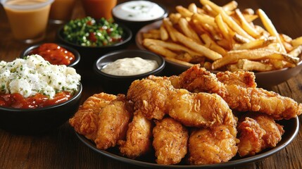 Crispy chicken fillets and fries arranged with sauces on a rustic table, highlighting textures and flavors.