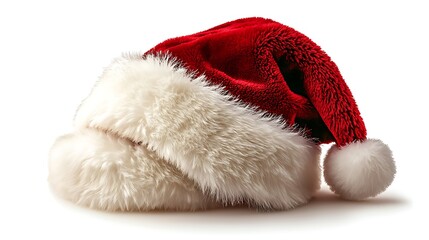 Vibrant red Christmas hat adorned with white accents on plain white backdrop