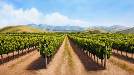 Fototapeta premium Lush Vineyard Landscape Under Bright Blue Sky with Rolling Hills and Green Grapes