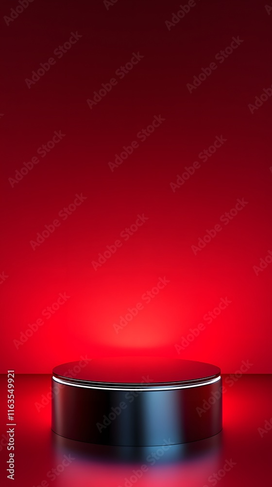 Wall mural a futuristic metallic podium with sharp, clean lines and an empty space, set against a rich red back