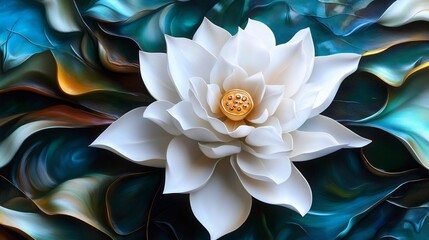 Abstract 3D White Lotus Flower on Teal and Gold Swirls Background
