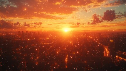 Fototapeta premium City skyline at fiery sunset with vibrant orange glow.