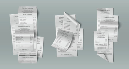 Naklejka premium Paper bill receipt pile mockup - scattered payment documents with prices, barcodes and transaction details. Thermal printed slips in heaps - various retail, restaurant or service checkout formats.